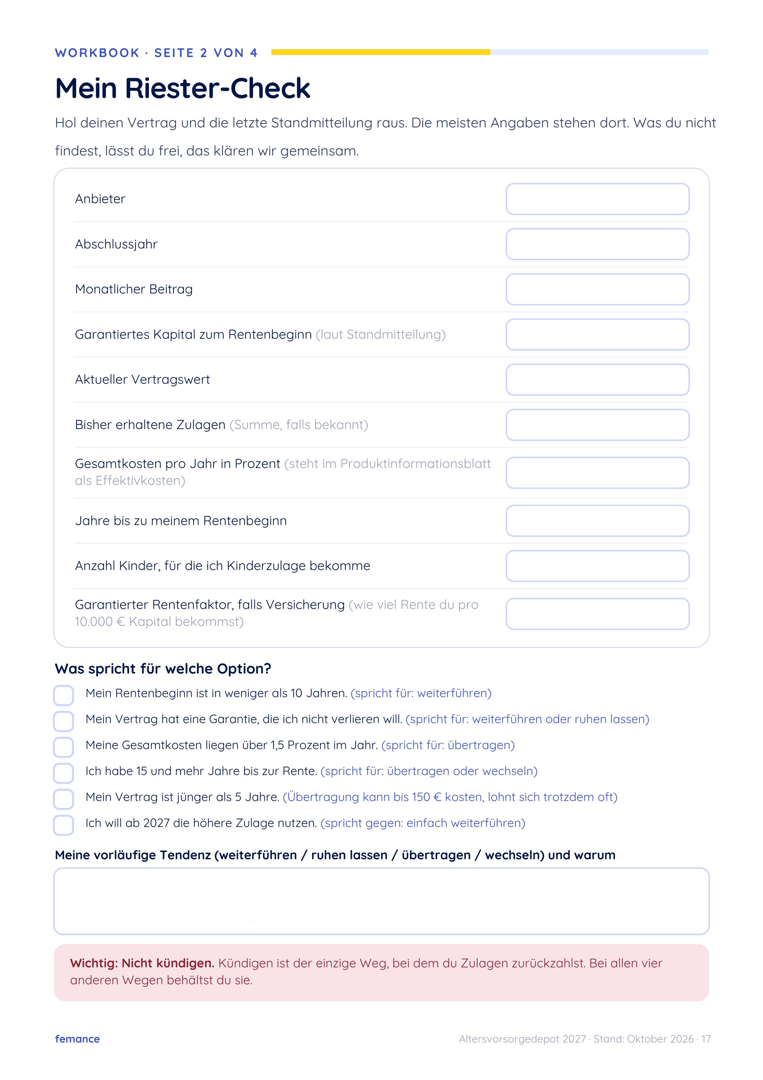 Originalseite Mein Riester-Check mit Feldern für Vertragsdaten aus dem Workbook